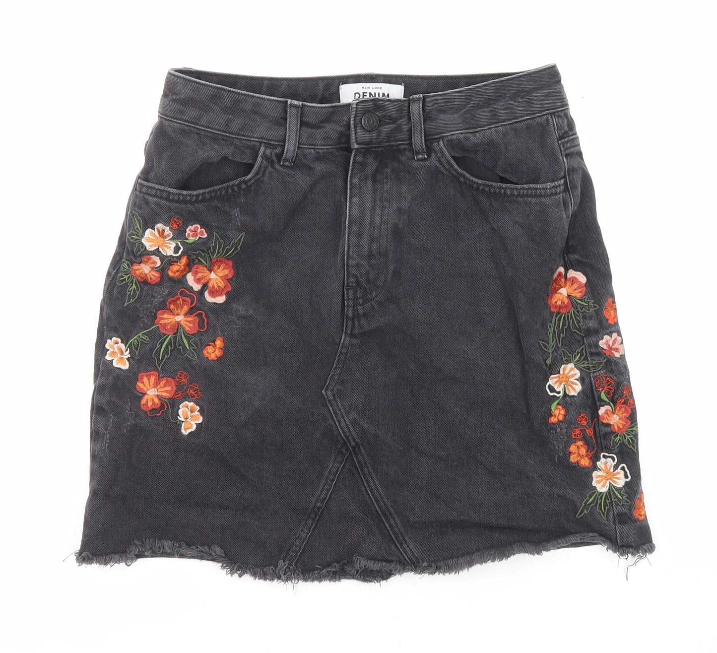 New Look Womens Black Floral Cotton A-Line Skirt Size 10 Zip