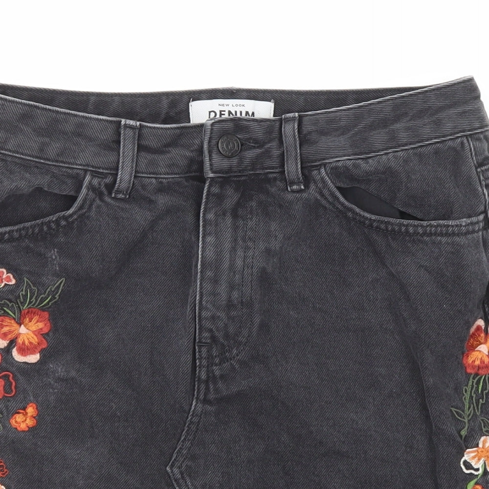 New Look Womens Black Floral Cotton A-Line Skirt Size 10 Zip