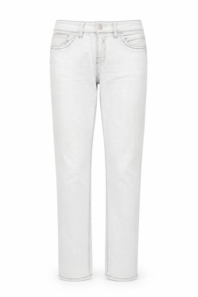 Front view of Cache Cache women’s grey cotton straight jeans, size UK 30, in, 31-inch leg regular zip