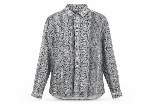 Front view of Zara women’s grey animal print viscose basic button-up, size M, collared - snake skin pattern