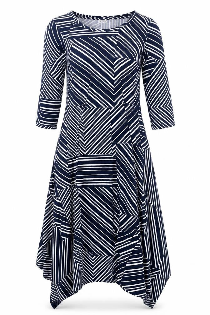 Front view of Damart women’s blue geometric viscose trapeze & swing, size UK 10, round neck pullover