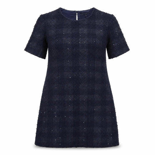 Front view of Dorothy Perkins women’s blue check polyester a-line, size UK 12, round neck button