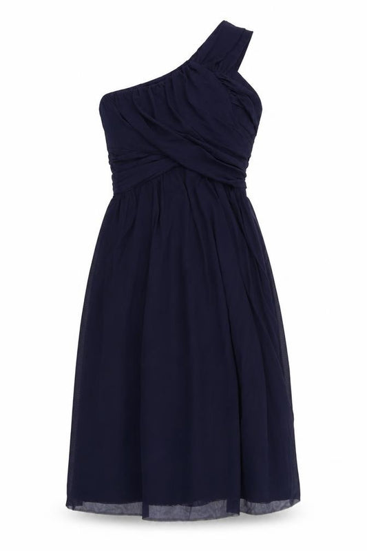 Front view of ASOS women’s blue polyester fit & flare, size UK 10, one shoulder zip