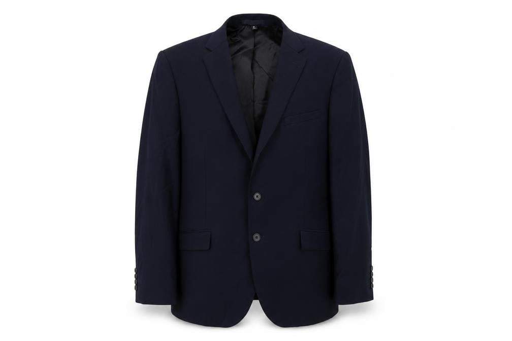 Front view of Marks & Spencer men’s blue wool jacket suit jacket, size 42, regular