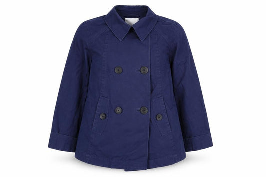 Front view of John Lewis women’s blue jacket, size UK 12, button