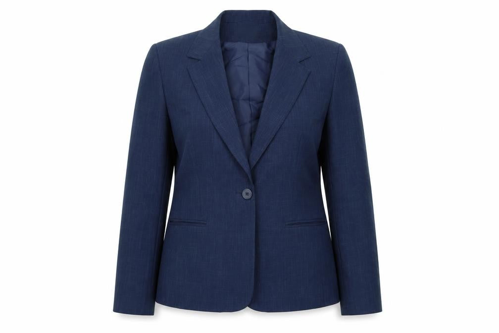 Front view of Ellie Louise women’s blue polyester jacket suit, size UK 16