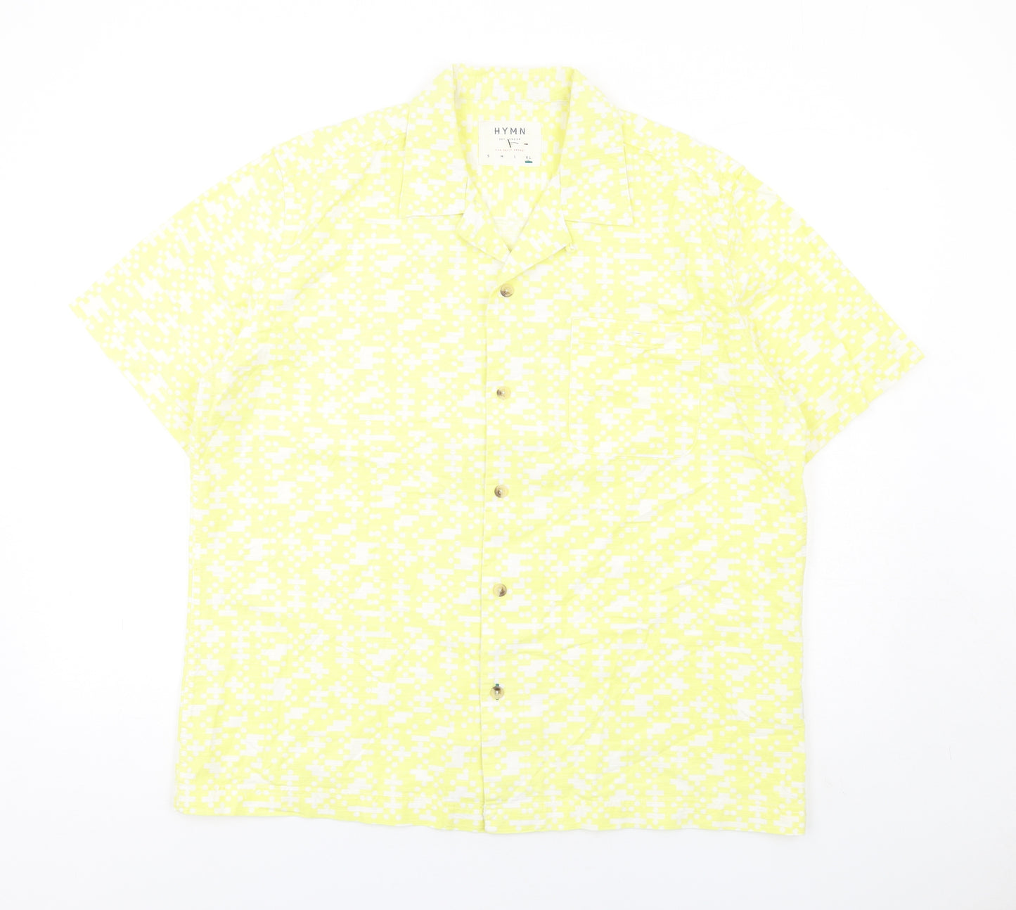 HYMN Mens Yellow Geometric Cotton Button-Up Size XL Collared Button - Pixel Print
