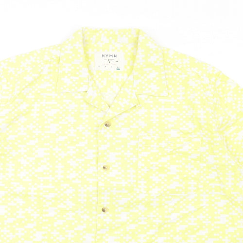 HYMN Mens Yellow Geometric Cotton Button-Up Size XL Collared Button - Pixel Print