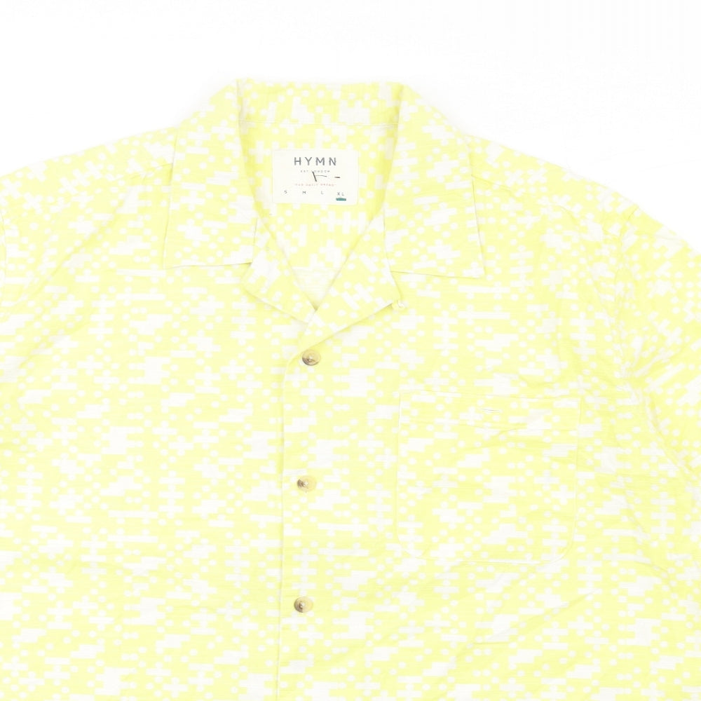 HYMN Mens Yellow Geometric Cotton Button-Up Size XL Collared Button - Pixel Print