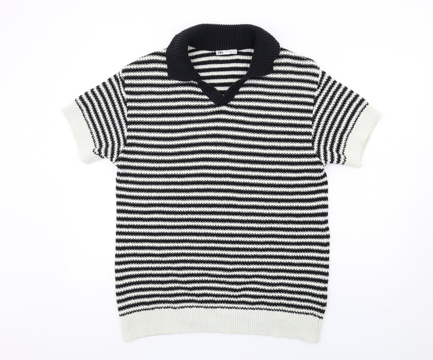 Zara Mens Black Collared Striped Cotton Pullover Jumper Size M Short Sleeve