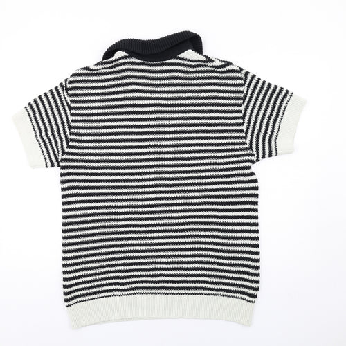 Zara Mens Black Collared Striped Cotton Pullover Jumper Size M Short Sleeve