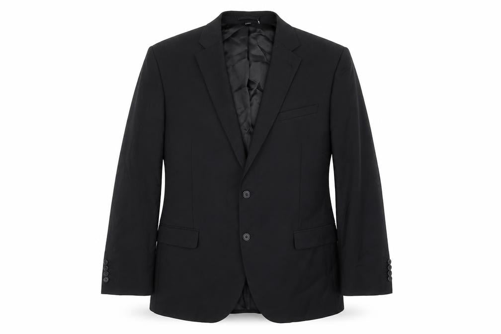 Front view of Marks & Spencer men’s black polyester jacket suit jacket, size 44, regular
