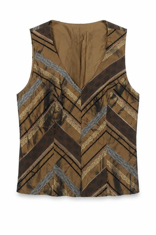 Front view of Alex & Co women’s brown striped polyester basic blouse, size UK 12, v-neck