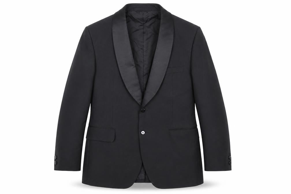 Front view of Burton men’s black polyester tuxedo suit jacket, size 42, regular