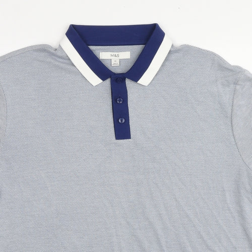 Marks and Spencer Mens Blue Geometric Modal Polo Size XL Collared Button