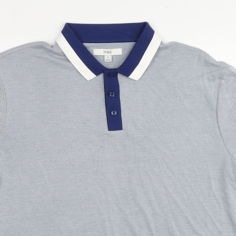 Marks and Spencer Mens Blue Geometric Modal Polo Size XL Collared Button