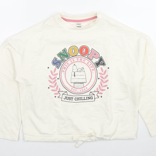Marks and Spencer Girls White Cotton Pullover Sweatshirt Size 8-9 Years Pullover - Snoopy