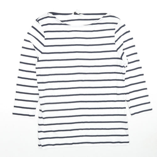 Marks and Spencer Womens White Striped Cotton Basic T-Shirt Size 14 Round Neck