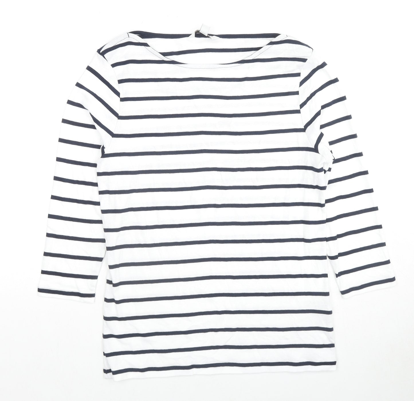 Marks and Spencer Womens White Striped Cotton Basic T-Shirt Size 14 Round Neck