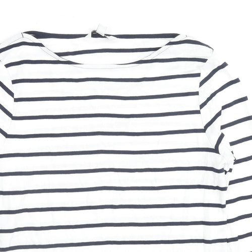Marks and Spencer Womens White Striped Cotton Basic T-Shirt Size 14 Round Neck