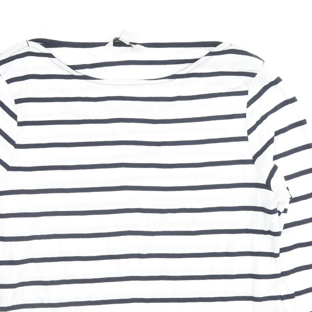 Marks and Spencer Womens White Striped Cotton Basic T-Shirt Size 14 Round Neck