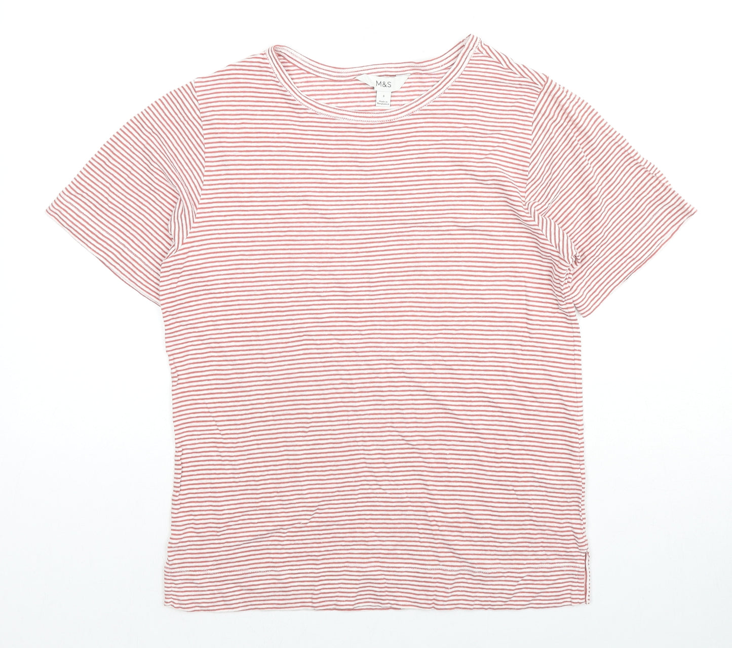 Marks and Spencer Womens Red Striped Modal Basic T-Shirt Size 8 Round Neck