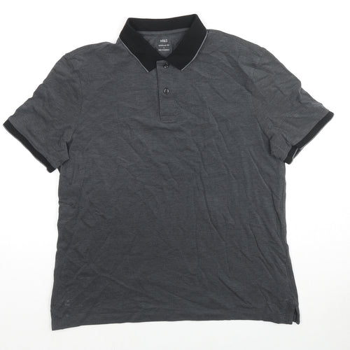 Marks and Spencer Mens Grey Cotton Polo Size L Collared Button