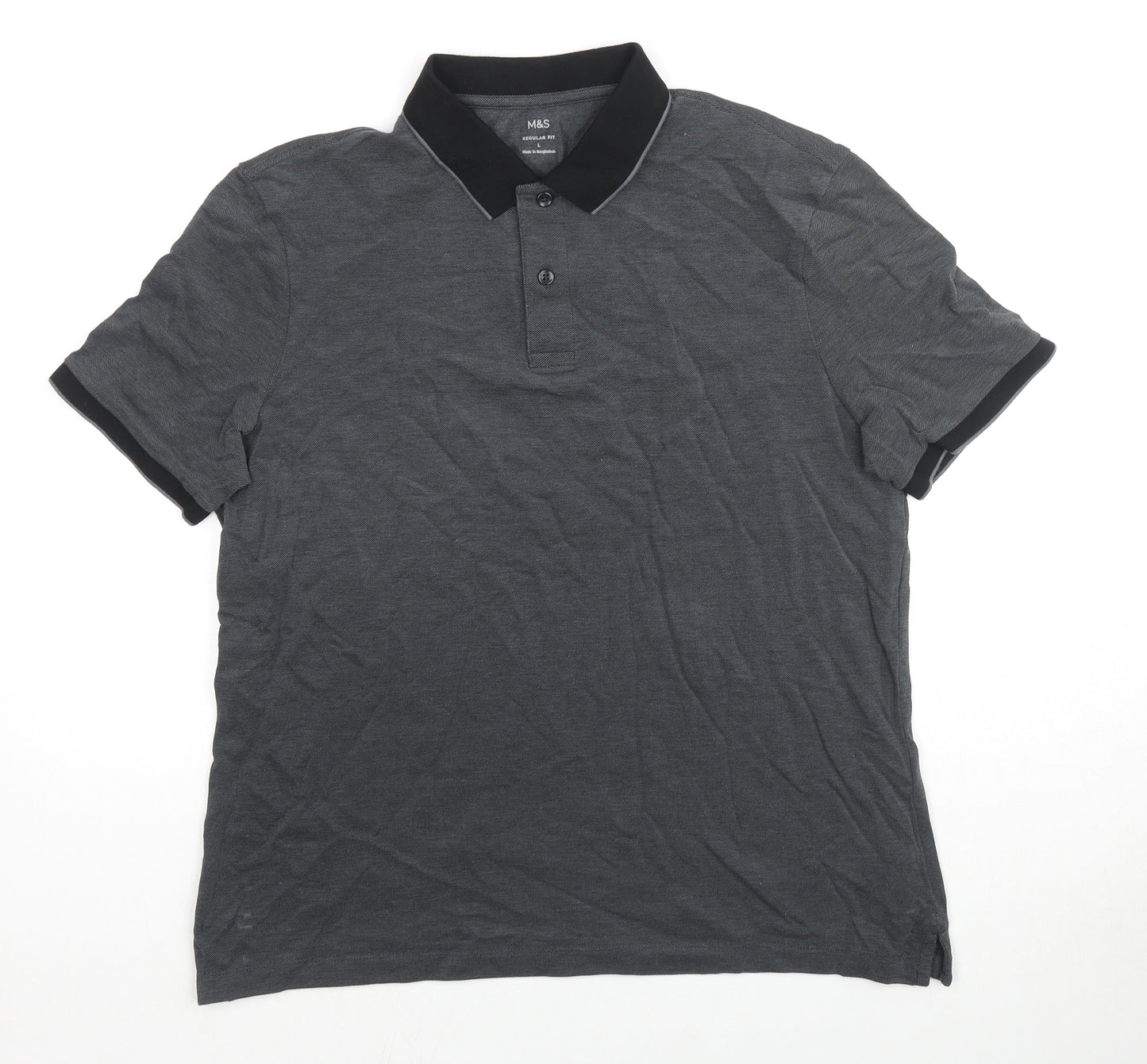 Marks and Spencer Mens Grey Cotton Polo Size L Collared Button