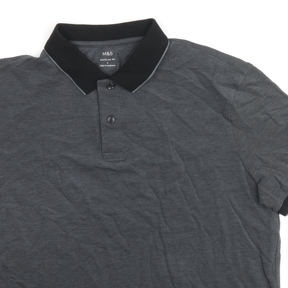 Marks and Spencer Mens Grey Cotton Polo Size L Collared Button
