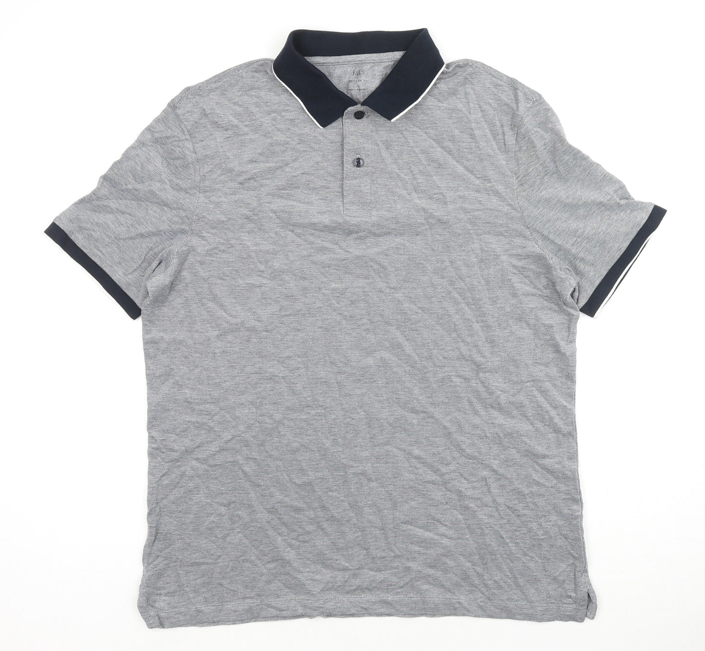 Marks and Spencer Mens Grey Cotton Polo Size L Collared Button