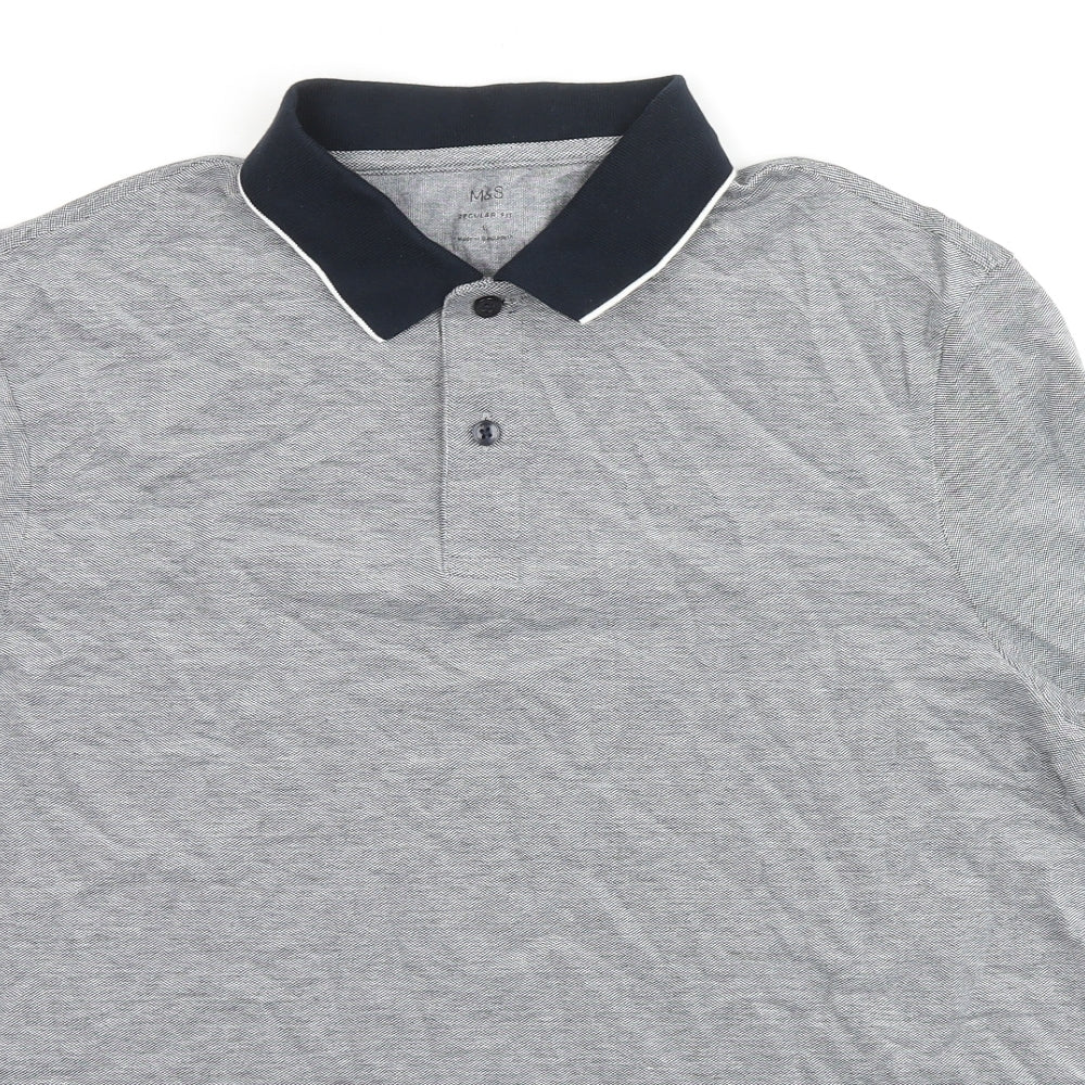 Marks and Spencer Mens Grey Cotton Polo Size L Collared Button