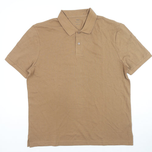 Marks and Spencer Mens Brown Cotton Polo Size L Collared Button