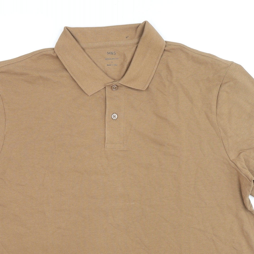 Marks and Spencer Mens Brown Cotton Polo Size L Collared Button