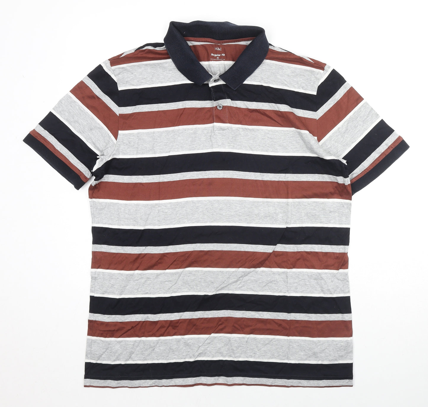 Marks and Spencer Mens Multicoloured Striped Cotton Polo Size L Collared Button