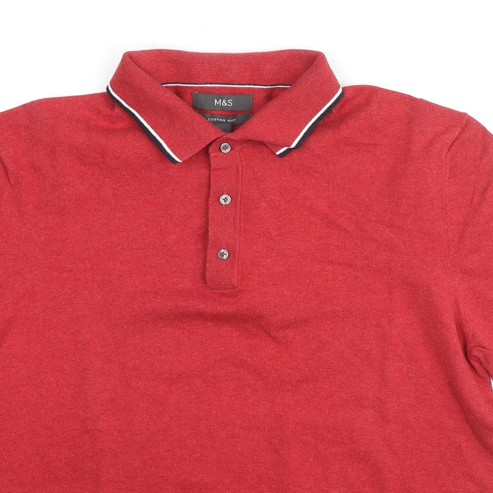 Marks and Spencer Mens Red Cotton Polo Size L Collared Button