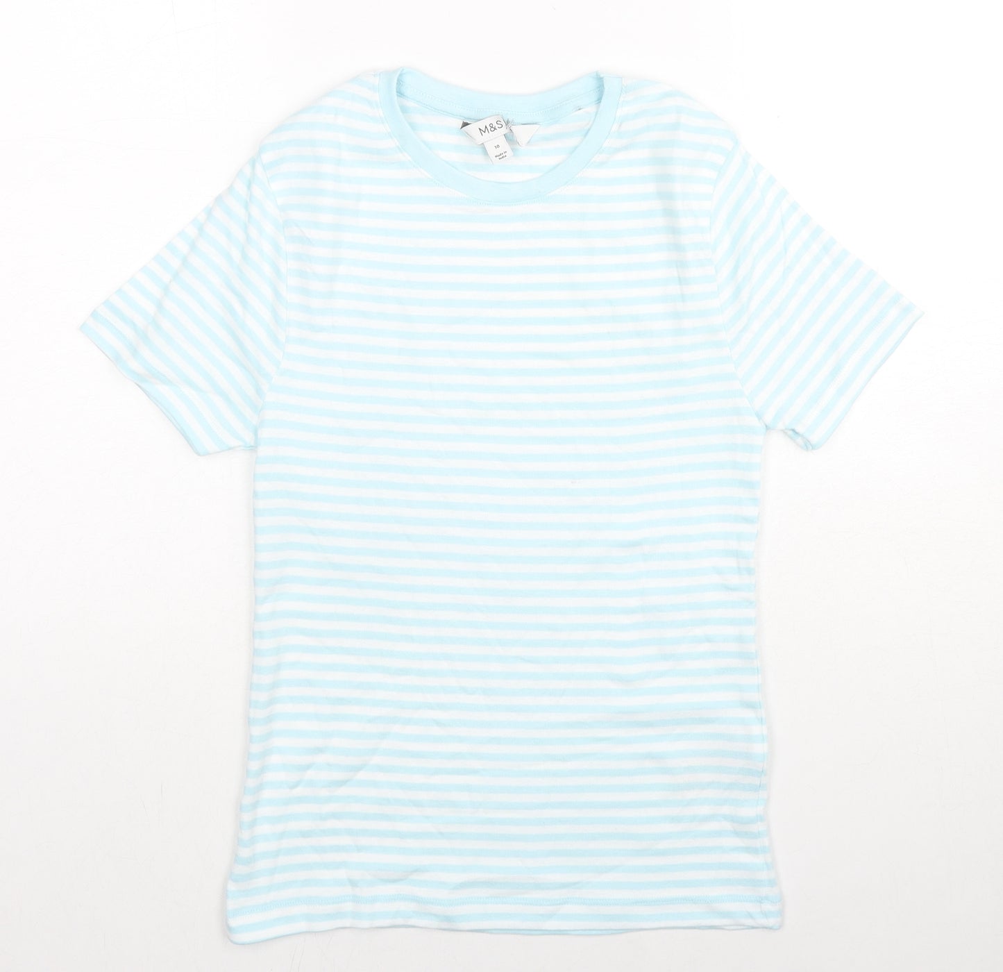 Marks and Spencer Womens Blue Striped Cotton Basic T-Shirt Size 10 Round Neck