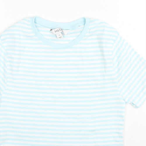 Marks and Spencer Womens Blue Striped Cotton Basic T-Shirt Size 10 Round Neck