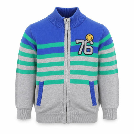 Front view of Primigi boys’ multicoloured high neck striped cotton full zip jumper, size 2, years zip - smiley face