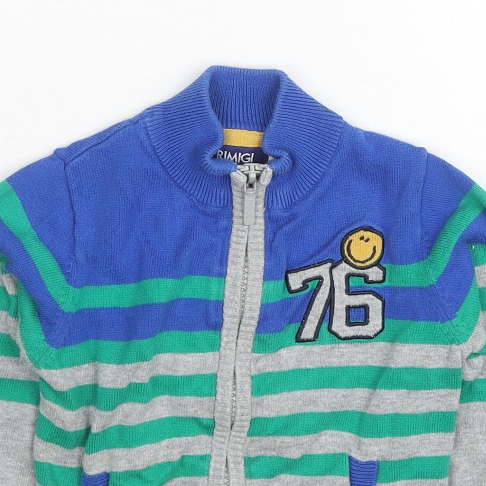 Primigi Boys Multicoloured High Neck Striped Cotton Full Zip Jumper Size 2 Years Zip - Smiley face