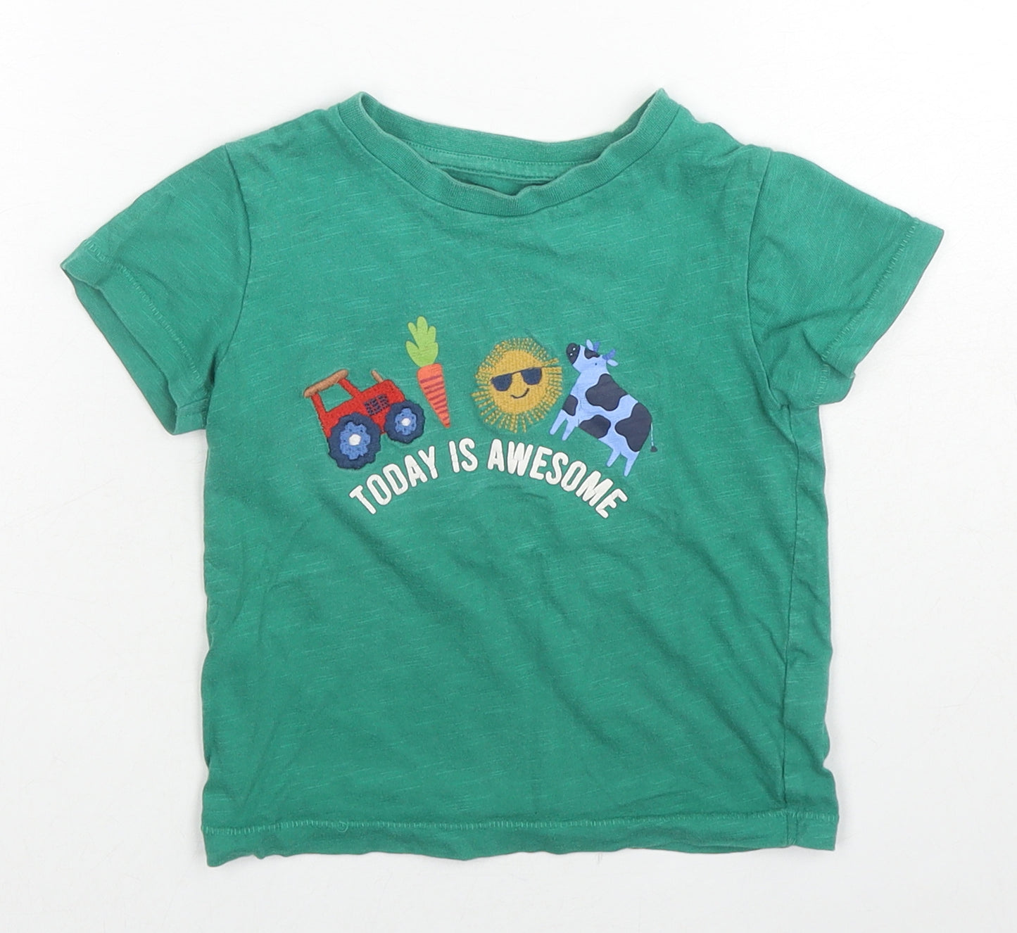 NEXT Boys Green Cotton Basic T-Shirt Size 12-18 Months Round Neck Pullover - Farm Print