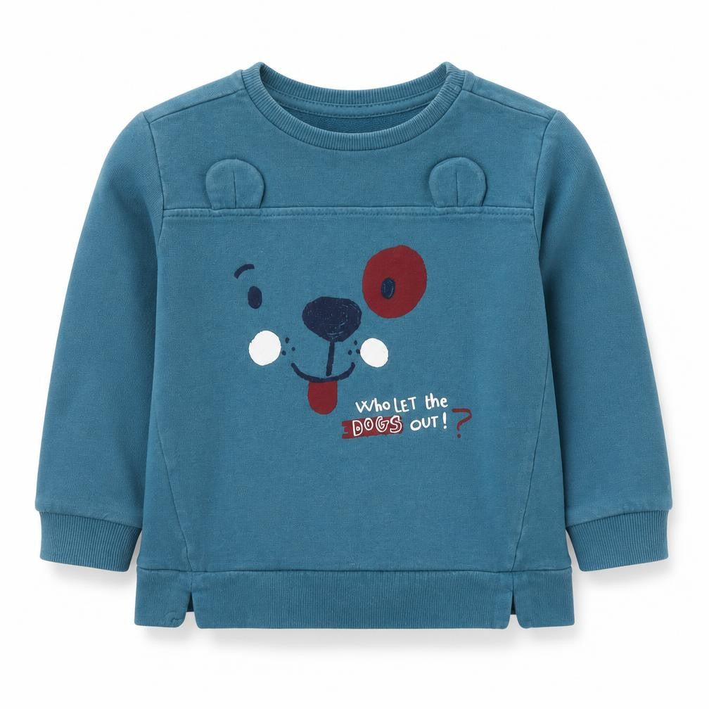 Front view of Fagottino boys’ blue cotton pullover sweatshirt, size 2-3, years snap - dog