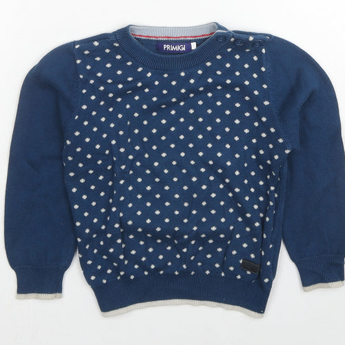 Primigi Boys Blue Crew Neck Polka Dot Cotton Pullover Jumper Size 2 Years Pullover