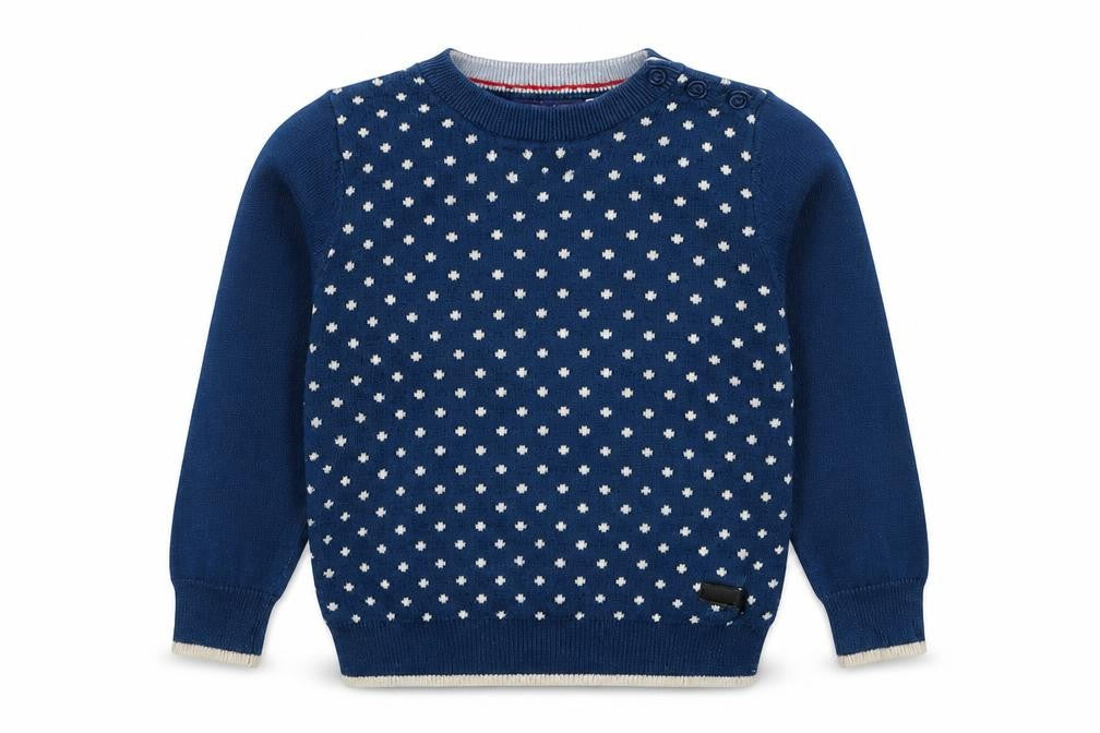 Front view of Primigi boys’ blue crew neck polka dot cotton jumper, size 2, years pullover