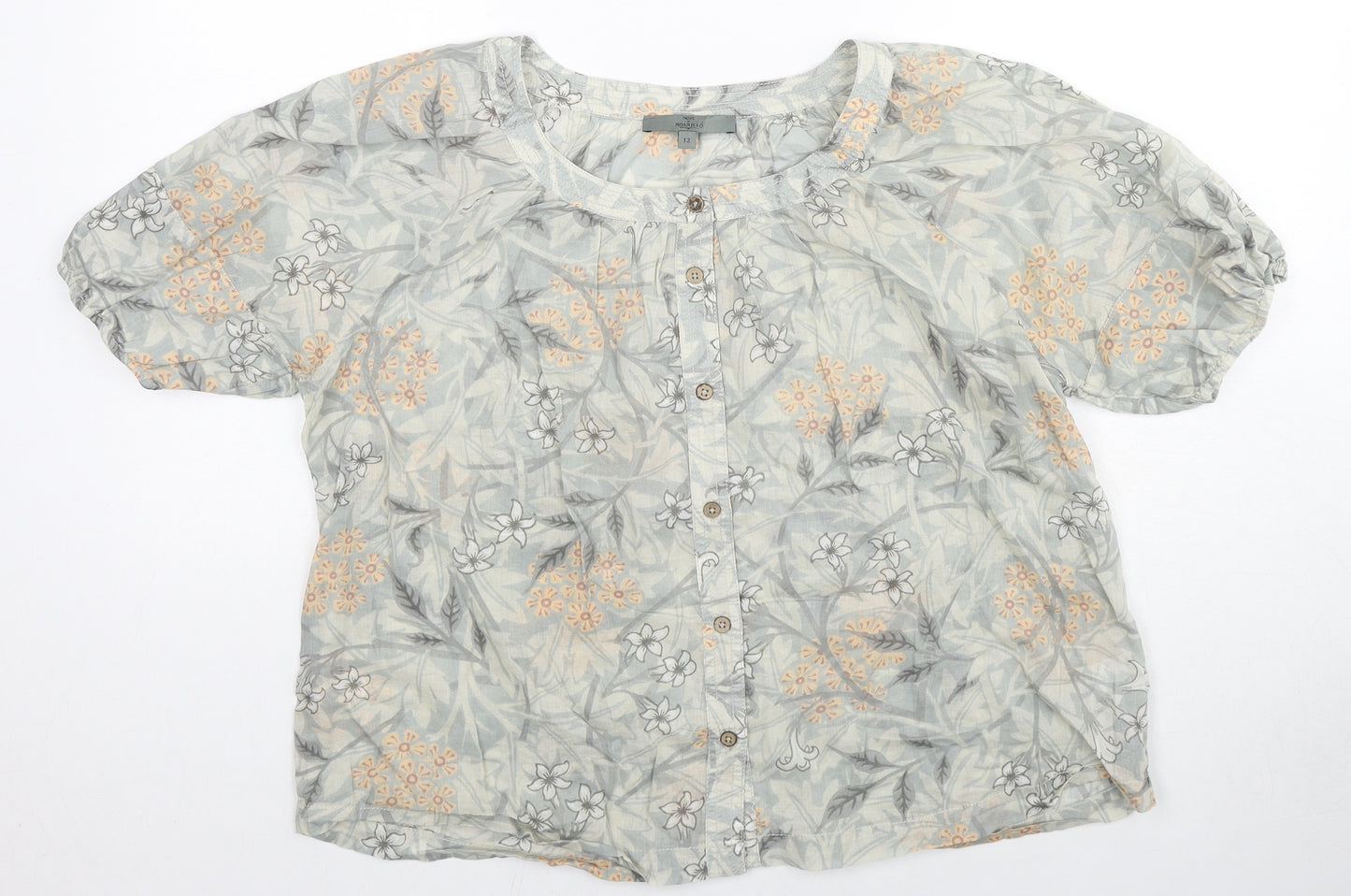 NEXT Womens Grey Floral Cotton Basic Button-Up Size 12 Round Neck