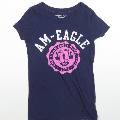 American Eagle Outfitters Womens Blue Cotton Basic T-Shirt Size S Round Neck - AM - Eagle Malibu