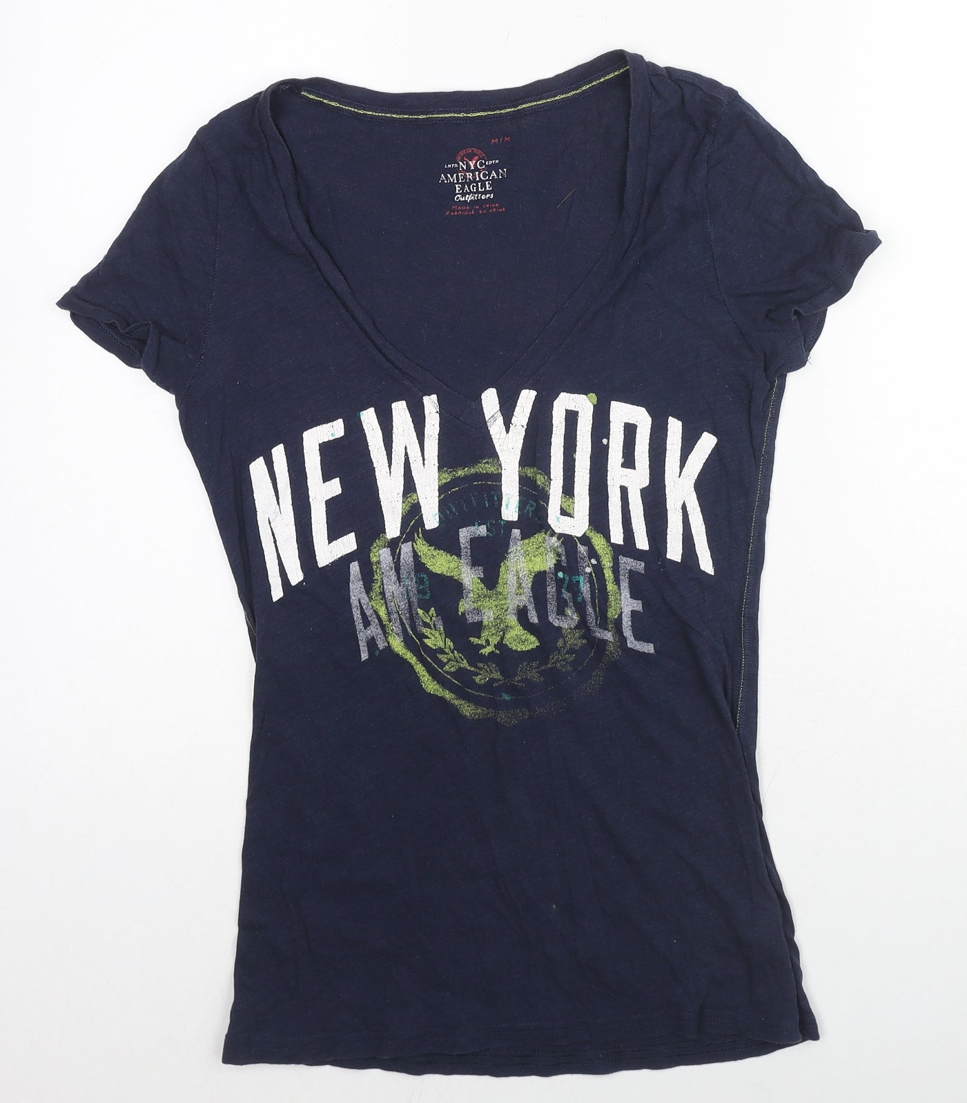 American Eagle Outfitters Womens Blue Cotton Basic T-Shirt Size M V-Neck - New York