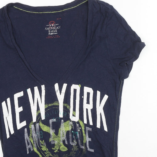 American Eagle Outfitters Womens Blue Cotton Basic T-Shirt Size M V-Neck - New York