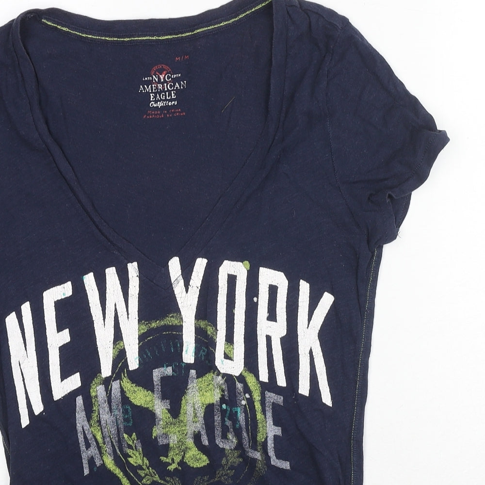 American Eagle Outfitters Womens Blue Cotton Basic T-Shirt Size M V-Neck - New York