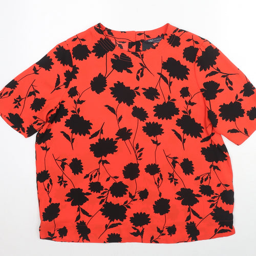 Marks and Spencer Womens Red Floral Polyester Jersey T-Shirt Size 14 Crew Neck