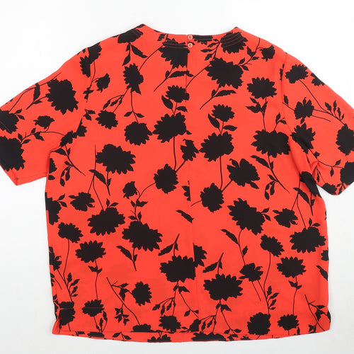 Marks and Spencer Womens Red Floral Polyester Jersey T-Shirt Size 14 Crew Neck